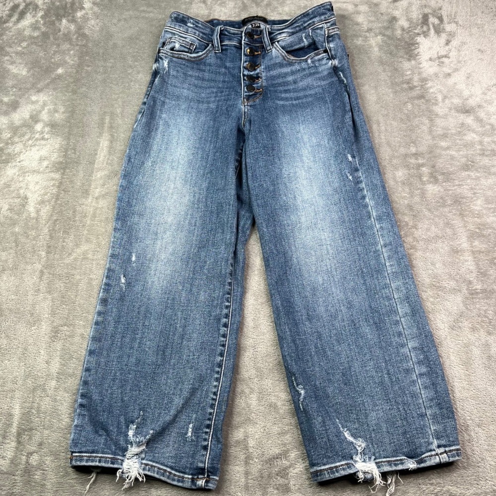 Judy Blue Wide Leg Crop Jeans Womens 3/26 Blue Distressed Button Fly Raw‎ Hem